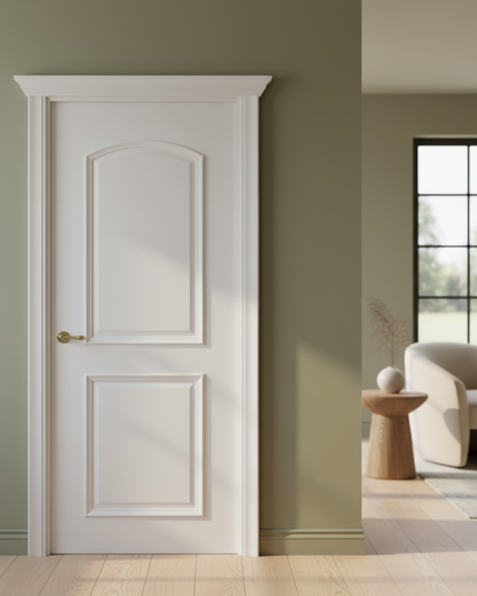 Ușă vopsită JYP-102 Alb cu panou arcuit și panou clasic profilat