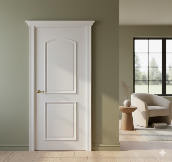 Ușă vopsită JYP-102 Alb cu panou arcuit și panou clasic profilat