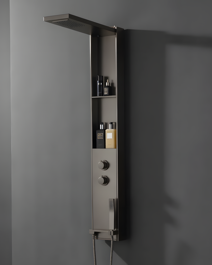 Panel de Duș Gun Metal – Design Minimalist cu Duș Fix, Rafturi Integrate și Duș de Mână