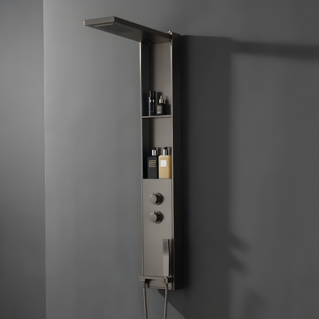 Panel de Duș Gun Metal – Design Minimalist cu Duș Fix, Rafturi Integrate și Duș de Mână