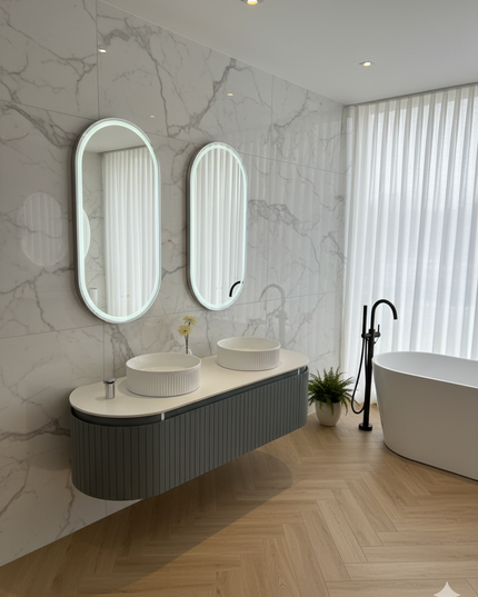 Mobilier baie suspendat dublu cu lavoare și oglinzi LED – Design modern, 160 cm