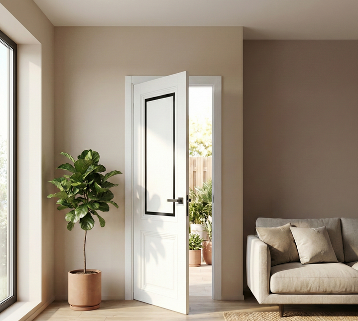 Ușă interior T-17 alba cu sticlă neagră sablată  – Eleganță clasică, adaptabilitate modernă