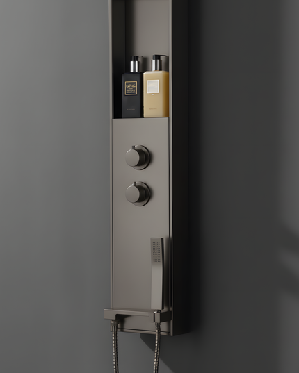 Panel de Duș Gun Metal – Design Minimalist cu Duș Fix, Rafturi Integrate și Duș de Mână