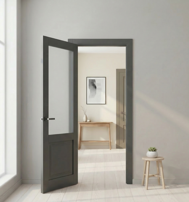 Ușă de interior ML-11 cu panou vitrat mat și frezări elegante
