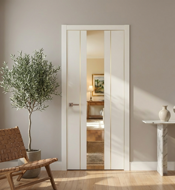 Ușă de interior PL-29 –alb- design vertical cu oglinda si insertii aurii