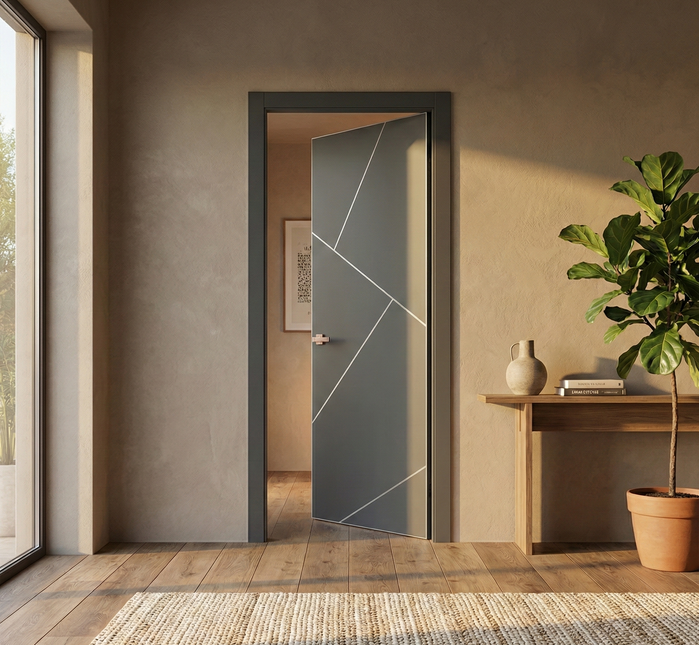 Ușă de interior PL-15 – design geometric avangardist cu inserții aluminiu