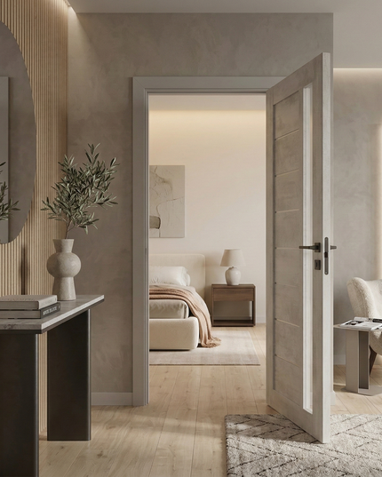 Ușă de interior Deco 09 G Light Cement cu sticlă satinată