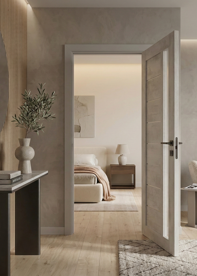 Ușă de interior Deco 09 G Light Cement cu sticlă satinată