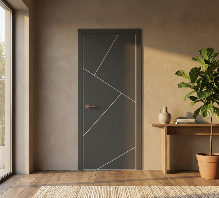 Ușă de interior PL-15 – design geometric avangardist cu inserții aluminiu