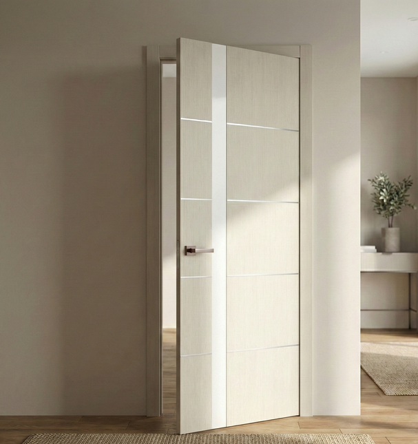 Ușă de interior PL-12 – eleganță geometrică cu sticlă aplicată și inserții din aluminiu