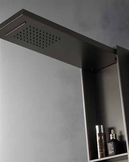 Panel de Duș Gun Metal – Design Minimalist cu Duș Fix, Rafturi Integrate și Duș de Mână