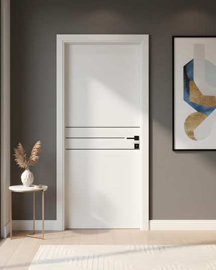 Ușă de interior JY-005 albă mată cu 3 inserții neagră – model modern minimal | CasaDeco