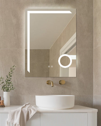 Oglindă LED Baie H-1041B cu Lupă Cosmetică, 3 Nuanțe Lumină, Anti-Aburire și Touch Control