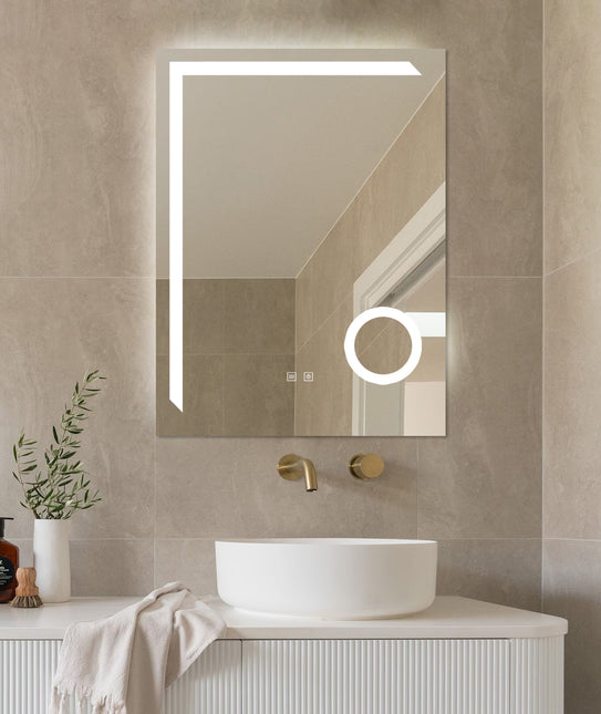 Oglindă LED Baie H-1041B cu Lupă Cosmetică, 3 Nuanțe Lumină, Anti-Aburire și Touch Control