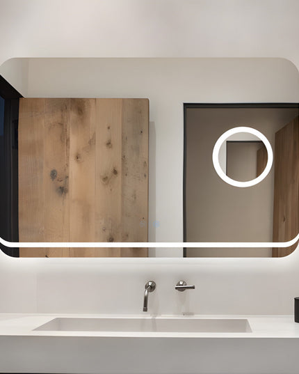 Oglindă Baie LED H-1083 Dreptunghiulară cu Lupă Cosmetică, 3 Funcții de Lumină, Anti-Aburire și Comutator Tactil