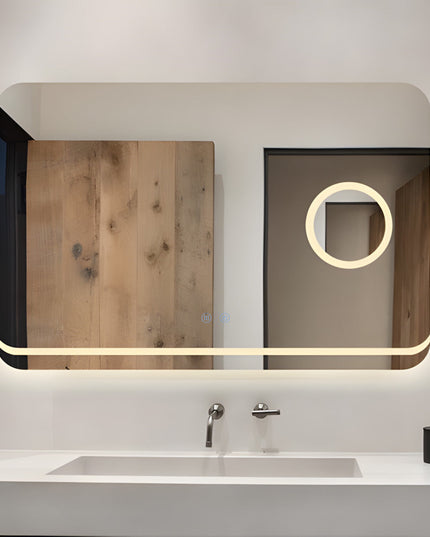 Oglindă Baie LED H-1083 Dreptunghiulară cu Lupă Cosmetică, 3 Funcții de Lumină, Anti-Aburire și Comutator Tactil