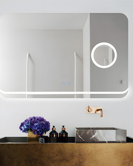 Oglindă Baie LED H-1083 Dreptunghiulară cu Lupă Cosmetică, 3 Funcții de Lumină, Anti-Aburire și Comutator Tactil