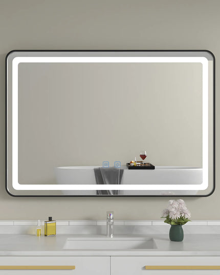 Oglindă baie LED H11 cu ramă neagră, 3 lumini, anti-aburire și touch control