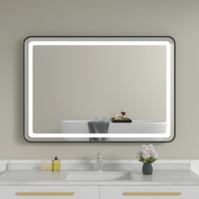 Oglindă baie LED H11 cu ramă neagră, 3 lumini, anti-aburire și touch control