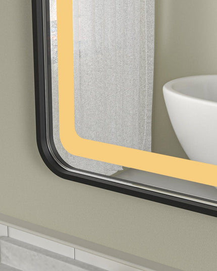 Oglindă baie LED H11 cu ramă neagră, 3 lumini, anti-aburire și touch control