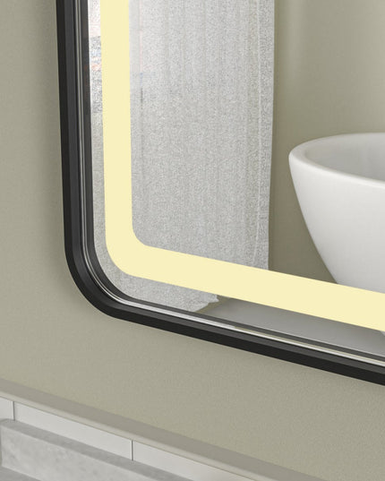 Oglindă baie LED H11 cu ramă neagră, 3 lumini, anti-aburire și touch control