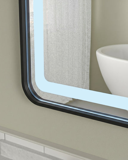 Oglindă baie LED H11 cu ramă neagră, 3 lumini, anti-aburire și touch control