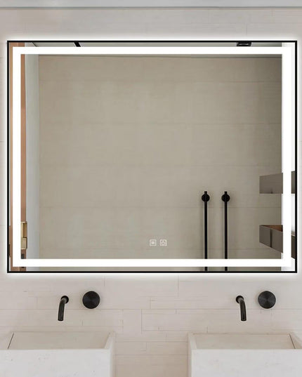 Oglindă baie LED H-142 ramă negru mat, anti-aburire și touch