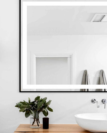 Oglindă baie LED H-142 ramă negru mat, anti-aburire și touch