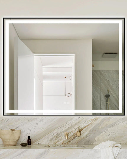 Oglindă baie LED H-142 ramă negru mat, anti-aburire și touch