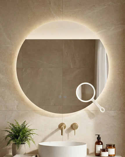 Oglindă baie LED ⌀80 cm rotundă cu lumină COB, 3 nuanțe de lumină, lupă cosmetică, dezaburire și touch control J-2003