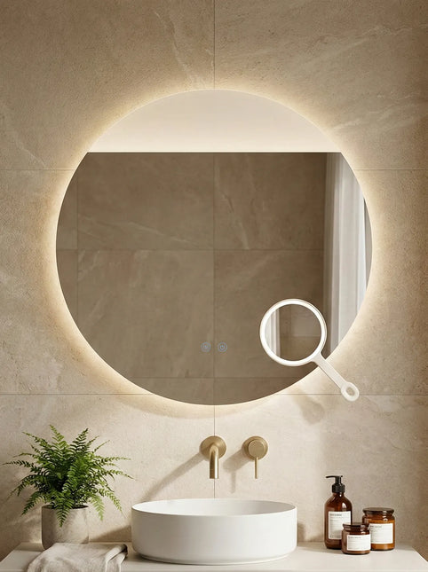 Oglindă baie LED ⌀80 cm rotundă cu lumină COB, 3 nuanțe de lumină, lupă cosmetică, dezaburire și touch control J-2003