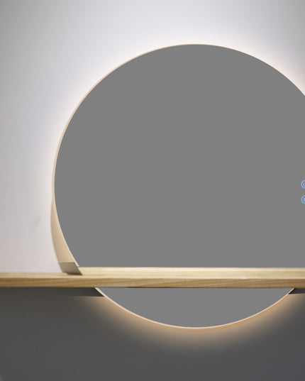 Oglindă Rotundă LED H-2004 cu Raft din Lemn – 3 Nuante de Lumină, Anti-Aburire, Touch Control