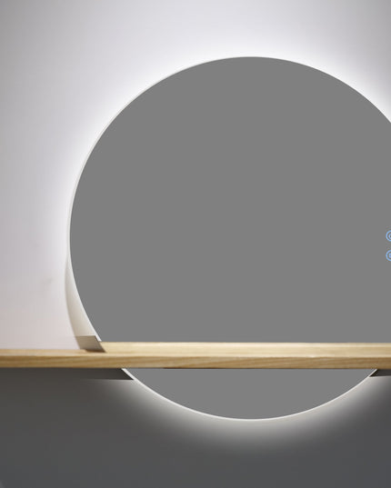 Oglindă Rotundă LED H-2004 cu Raft din Lemn – 3 Nuante de Lumină, Anti-Aburire, Touch Control