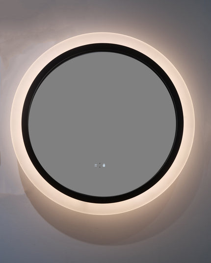 Oglindă rotundă cu LED H-2022, ramă acril + aluminiu negru, 3 nuanțe de lumină, anti-aburire, senzor infraroșu & comutator tactil