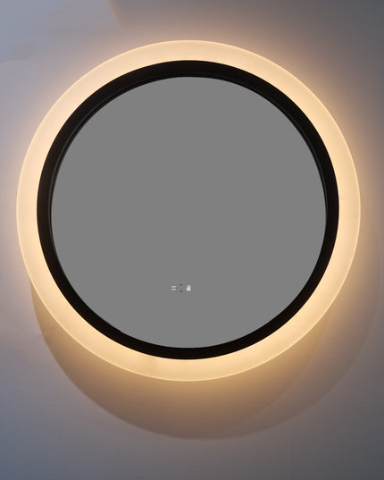 Oglindă rotundă cu LED H-2022, ramă acril + aluminiu negru, 3 nuanțe de lumină, anti-aburire, senzor infraroșu & comutator tactil