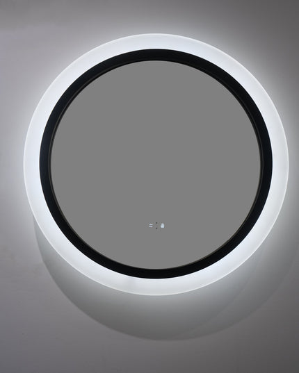 Oglindă rotundă cu LED H-2022, ramă acril + aluminiu negru, 3 nuanțe de lumină, anti-aburire, senzor infraroșu & comutator tactil