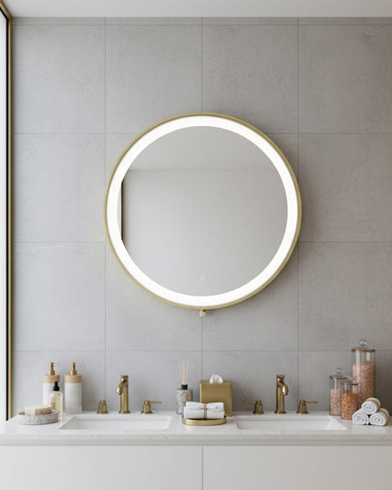 Oglindă baie LED H-2083 cu ramă aluminiu auriu și senzor tactil