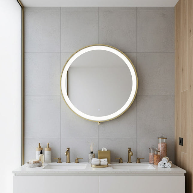 Oglindă baie LED H-2083 cu ramă aluminiu auriu și senzor tactil