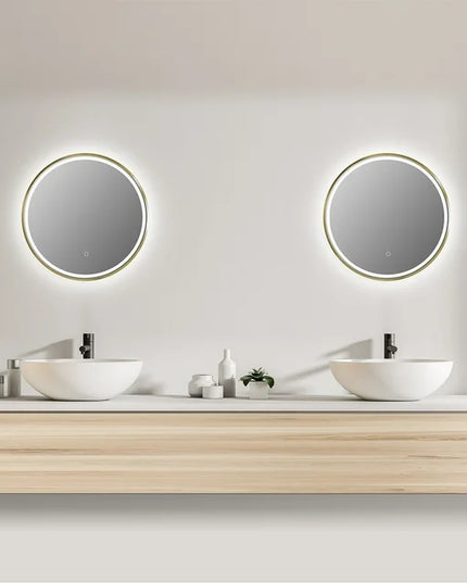 Oglindă baie LED H-2083 cu ramă aluminiu auriu și senzor tactil