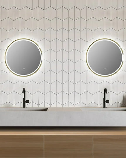 Oglindă baie LED H-2083 cu ramă aluminiu auriu și senzor tactil