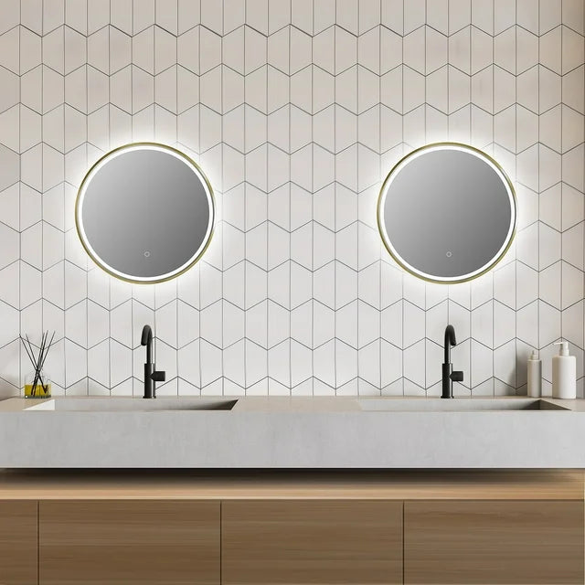 Oglindă baie LED H-2083 cu ramă aluminiu auriu și senzor tactil