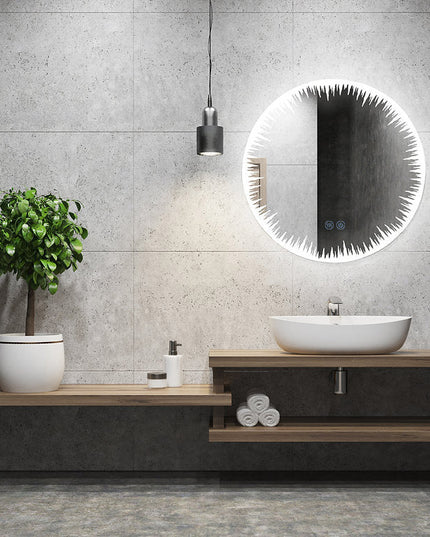 Oglindă rotundă LED H-2086 cu design artistic, 3 nuanțe de lumină, anti-aburire și touch control