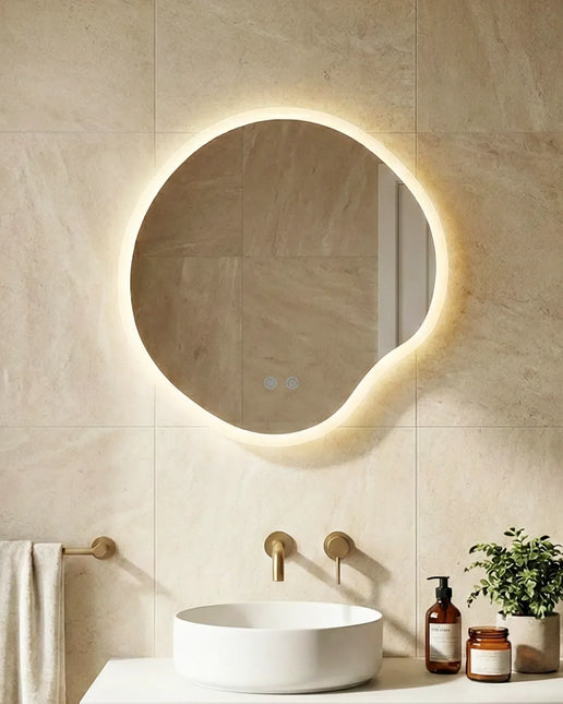 Oglindă baie LED 80x80 cm cu formă neregulată, 3 nuanțe de lumină, dezaburire și touch control J-3018