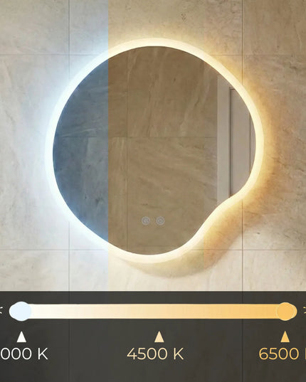 Oglindă baie LED 80x80 cm cu formă neregulată, 3 nuanțe de lumină, dezaburire și touch control J-3018