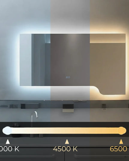Oglindă baie LED 120x70 cm cu raft multifuncțional, 3 nuanțe de lumină, dezaburire și touch control J-3050