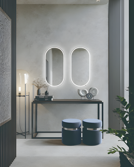 Oglindă LED H-3055 cu Ramă Aluminiu Alb, 3 Nuanțe de Lumină, Funcție Anti-Aburire și Comutator Tactil