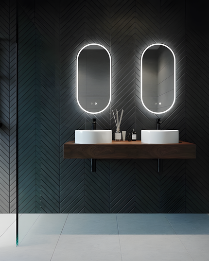 Oglindă LED H-3055 cu Ramă Aluminiu Alb, 3 Nuanțe de Lumină, Funcție Anti-Aburire și Comutator Tactil