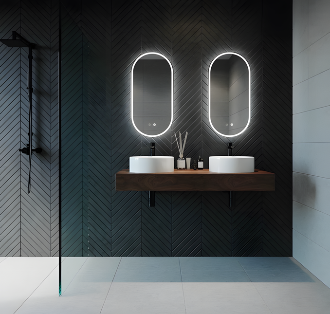 Oglindă LED H-3055 cu Ramă Aluminiu Alb, 3 Nuanțe de Lumină, Funcție Anti-Aburire și Comutator Tactil