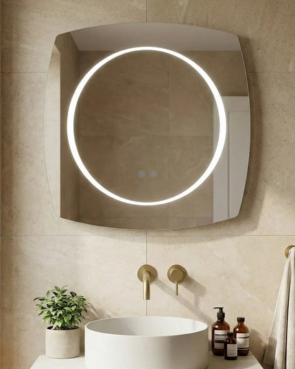 Oglindă baie LED 80x80 cm pătrată cu colțuri rotunjite, 3 nuanțe de lumină, dezaburire și touch control J-3075