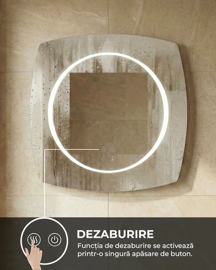 Oglindă baie LED 80x80 cm pătrată cu colțuri rotunjite, 3 nuanțe de lumină, dezaburire și touch control J-3075